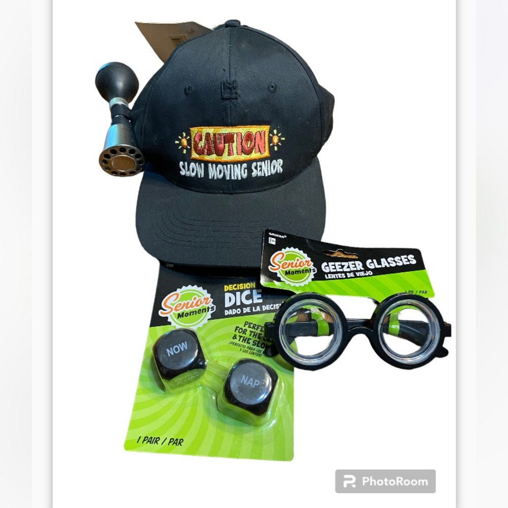 Slow moving senior merchandise. Hat with horn, glasses, & dice.